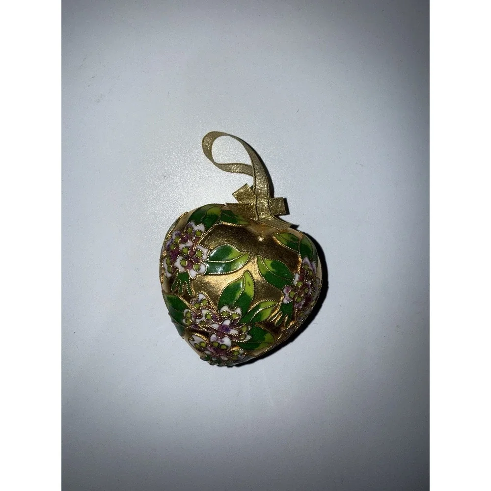 Cloisonné Puffy Heart‎ Shaped Ornament Double Sided Gold Green P